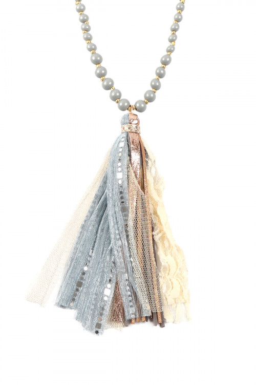 SA4-2-1-SN8263GY GRAY FABRIC TASSEL PENDANT BEADED NECKLACE/6PCS