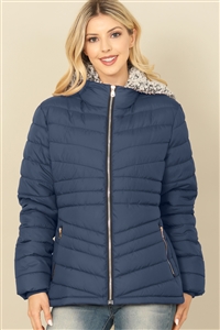 S51-1-1-SO2314-NV - ZIP-UP WITH POCKET DETACHABLE WOOL HOODIE PUFFER JACKET- NAVY 1-2-2-1