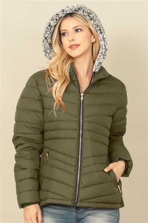 S16-9-2-SO2314-OV - ZIP-UP WITH POCKET DETACHABLE WOOL HOODIE PUFFER JACKET- OLIVE 1-2-2-1