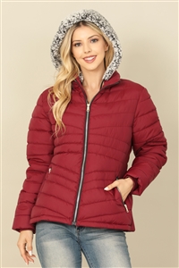S51-1-1-SO2314-WN - ZIP-UP WITH POCKET ATTACHABLE WOOL HOODIE PUFFER JACKET- WINE 1-2-2-1