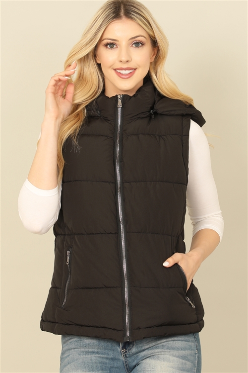 S16-5-3-SOP5934V-BK - SLEEVELESS ZIP-UP WITH POCKET HOODIE PUFFER JACKET- BLACK 1-1-1-1