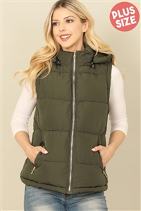 S51-1-1-SOP5934VX-OV - PLUS SIZE  SLEEVELESS ZIP-UP WITH POCKET HOODIE PUFFER JACKET- OLIVE 1-1-1
