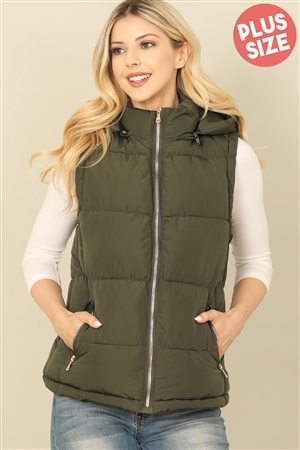 S15-12-4-SOP5934VX-OV - PLUS SIZE  SLEEVELESS ZIP-UP WITH POCKET HOODIE PUFFER JACKET- OLIVE 1-1-1