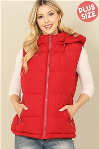 S51-1-1-SOP5934VX-RD - PLUS SIZE SLEEVELESS ZIP-UP WITH POCKET HOODIE PUFFER JACKET- RED 1-1-1