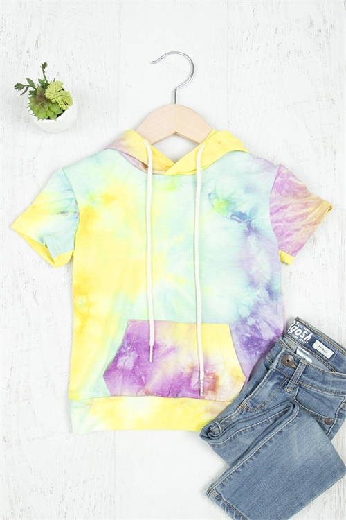 S9-6-2-SPD20005TK-MGTYLW - TIE DYE SHORT SLEEVE HOODIE WITH KANGAROO POCKET- MAGENTA YELLOW 1-1-1-1-1-1-1-1