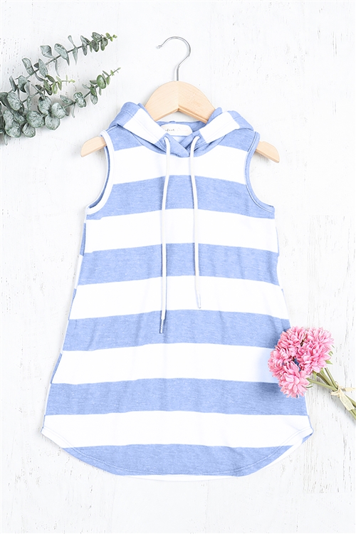 S7-10-3-SPD20006TK-WTBL-1 - KIDS STRIPE SLEEVELESS HOODIE DRESS- WHITE/BLUE 1-1-0-1-1-1-1-1