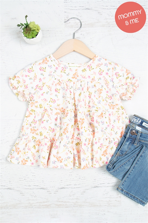 S12-9-4-SPT20004TK-IVPK - KIDS FLORAL RUFFLE SLEEVES TIERED TOP- IVORY/PINK 1-1-1-1-1-1-1-1(NOW $4.75 ONLY!)