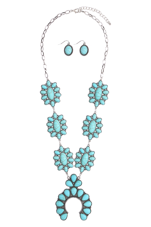 S24-6-3-SS0786SBTQ - FLOWER NATURAL STONE WESTERN CONCHO STATEMENT NECKLACE AND EARRING SET-SILVER BURNISH TURQUOISE/1PC