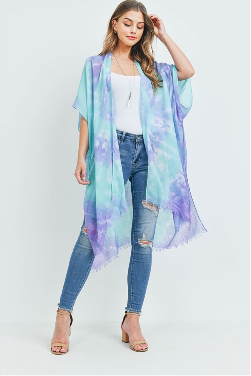 S20-10-2-SS1051BLU - TIE DYE OPEN FRONT KIMONO - BLUE/6PCS