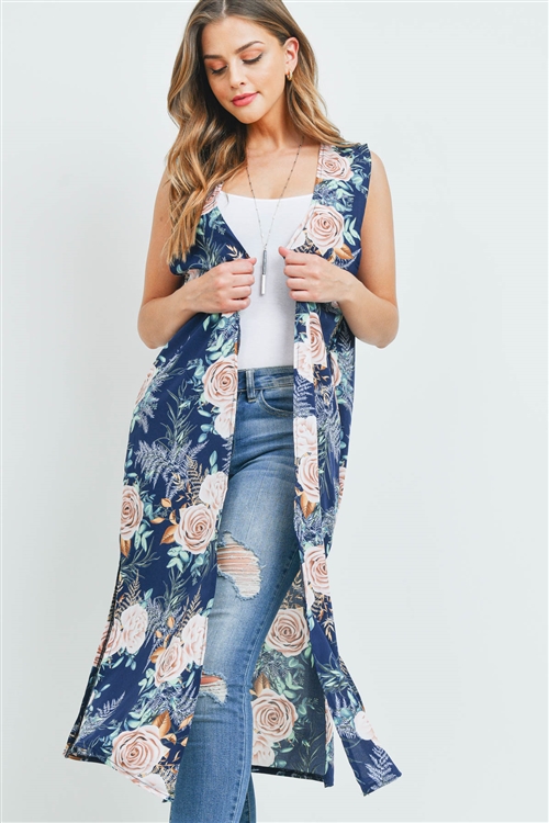 S19-10-1-SS1054NVY - ROSE PRINT KNEE LENGTH KIMONO VEST-NAVY/6PCS