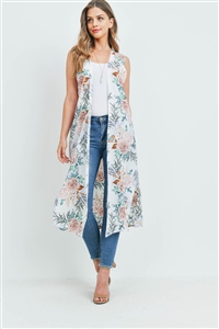 S19-10-1-SS1054WHT -  WHITE ROSE PRINT KNEE LENGTH KIMONO VEST/1PC