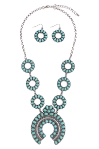 S20-9-3-SS2212SBTQ - FLOWER ARC  NATURAL STONE WESTERN CONCHO STATEMENT NECKLACE AND EARRING SET-SILVER BURNISH TURQUOISE/1PC