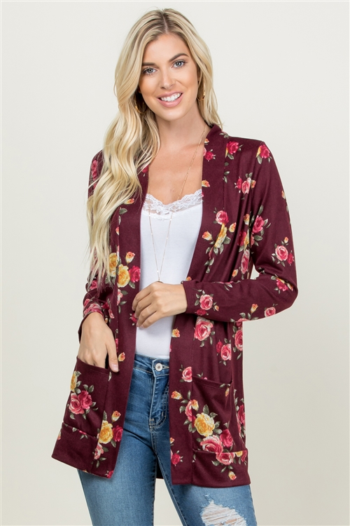 S10-15-3-ST2689-RFL006-BU-1 - LONG SLEEVE FLORAL PRINT CARDIGAN- BURGUNDY 1-1-0-0