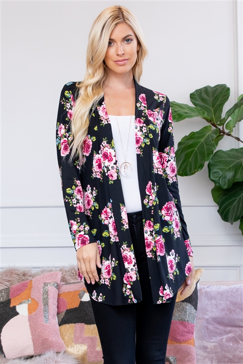 S16-10-2-ST2702-F30-BKMV-1 - FLORAL PRINT OPEN CARDIGAN- BLACK/MAUVE 1-0-1-3