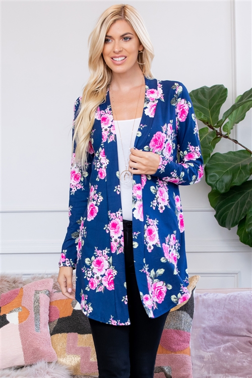 S9-20-2-ST2702-F30-NVFCH - FLORAL PRINT OPEN CARDIGAN- NAVY/FUCHSIA 1-2-2-2