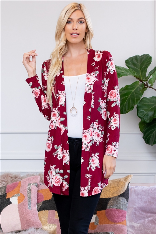 S14-9-1-ST2702-F30-RBMV-1 - FLORAL PRINT OPEN CARDIGAN- RUBY/MAUVE 1-0-3-2