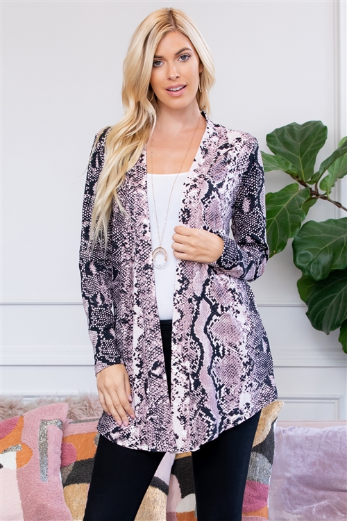 S10-11-2-ST2702-PR16-MV - SNAKE SKIN OPEN CARDIGAN- MAUVE 1-2-0-1