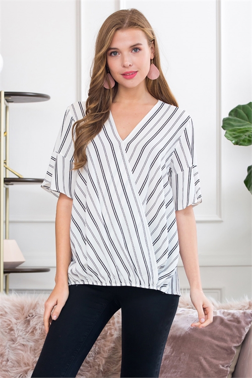 S14-8-1-ST2705-IV-1 - SHORT SLEEVED SURPLICE NECKLINE TOP- IVORY 3-0-0-0