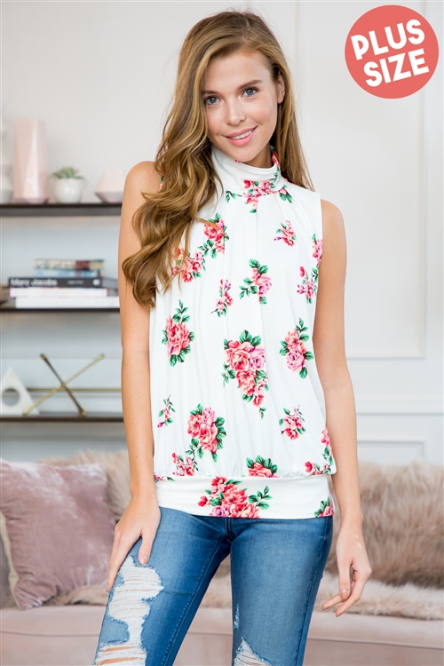 S16-1-3-ST2707-F15-IV-3 - FLORAL PRINT MOCK NECK SLEEVELESS PLEATED TOP- IVORY 3-2