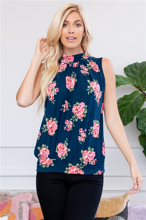 S15-8-3-ST2707-F15-NVPK-3 - FLORAL PRINT MOCK NECK SLEEVELESS PLEATED TOP- NAVY PINK 1-3-3