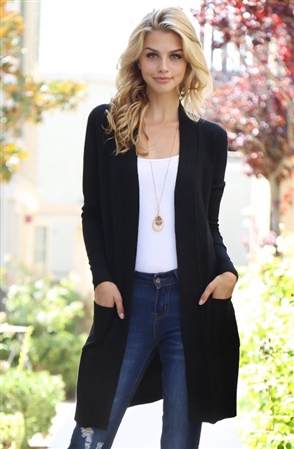 S8-2-1-SW2300-BK-2 - LONG RIB DETAIL OPEN FRONT POCKET CARDIGAN - BLACK  - 3-1