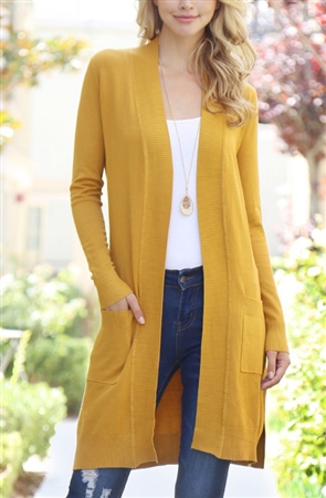 S5-1-1-SW2300-MU-1 - LONG RIB DETAIL OPEN FRONT POCKET CARDIGAN - MUSTARD  - 1-0-3-1