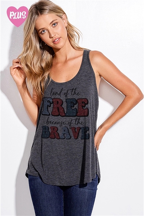 S36-1-1-T1003PG12654-CH - PLUS SIZE FREE BRAVE LETTERING PRINT TANK TOP- CHARCOAL -2-2-2