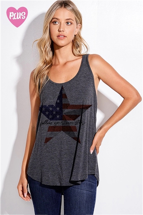 S36-1-1-T1003PG12657-CH - PLUS SIZE STAR AMERICA FLAG PRINT TANK TOP- CHARCOAL -2-2-2
