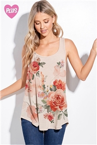 S36-1-1-T1003PG12737-TP - PLUS SIZE FLORAL PRINT TANK TOP- TAUPE -2-2-2