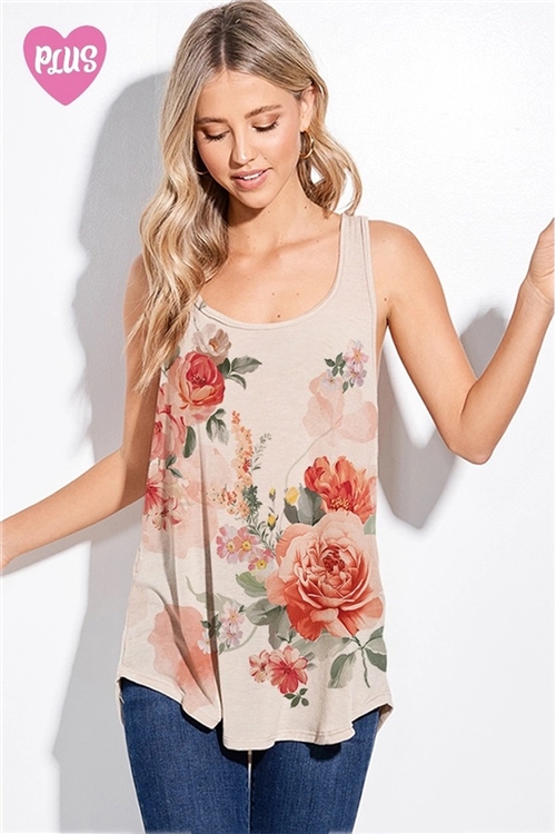 S36-1-1-T1003PG12737-TP - PLUS SIZE FLORAL PRINT TANK TOP- TAUPE -2-2-2