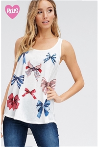 S36-1-1-T1003PG12760-IV - PLUS SIZE COQUETTE USA FLAG BOWS PRINT TANK TOP- IVORY -2-2-2
