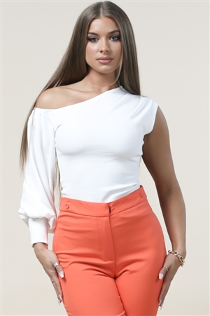 NY-T1099-OFF-WHITE - RED ONE OFF-SHOULDER AND PUFF ONE LONG SLEEVES TOP -2-2-2-1