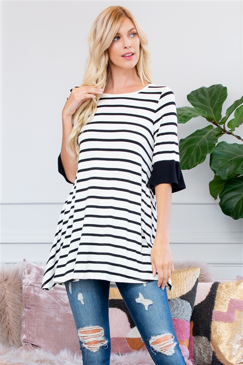 S8-10-2-T2708-BK-1 - STRIPE SPANDEX RUFFLE SLEEVE TUNIC- BLACK 3-0-0-0