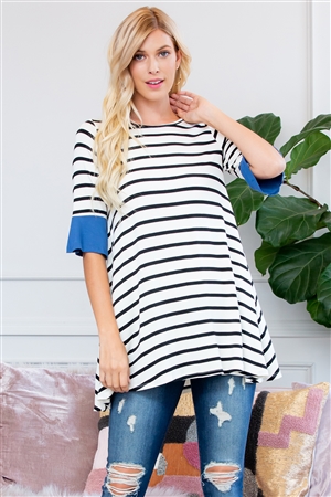 S10-20-3-T2708-BL-1 - STRIPE SPANDEX RUFFLE SLEEVE TUNIC- BLUE 2-2-2