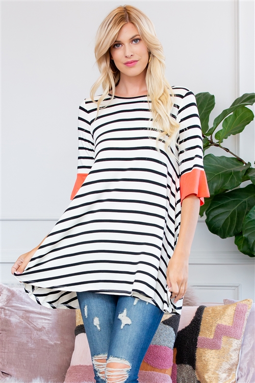 SA4-7-3-T2708-CRL-1 - STRIPE SPANDEX RUFFLE SLEEVE TUNIC- CORAL 2-2-2-0