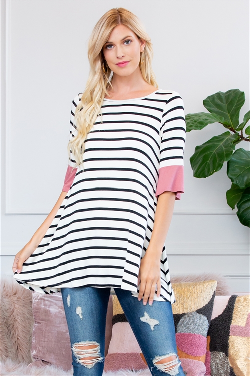 S10-15-1-T2708-MV-1 - STRIPE SPANDEX RUFFLE SLEEVE TUNIC- MAUVE 2-2-2