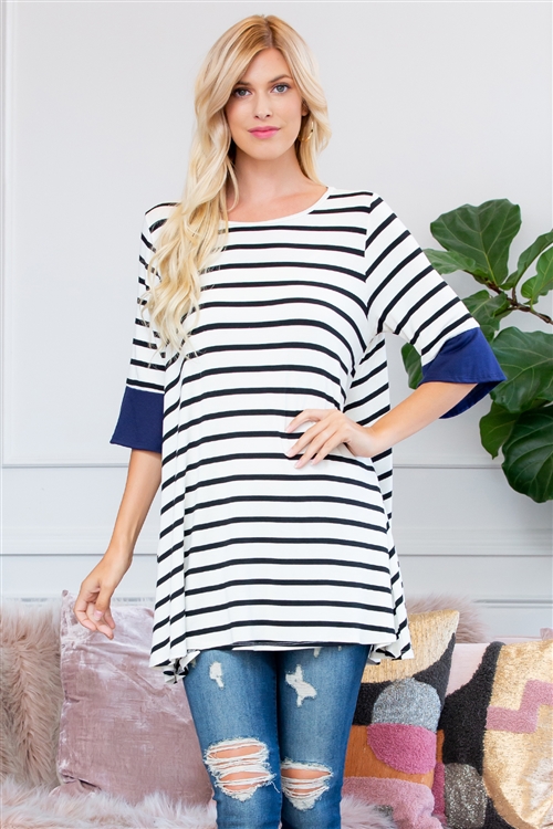 S8-9-4-T2708-NV-2 - STRIPE SPANDEX RUFFLE SLEEVE TUNIC- NAVY 2-2-0-0