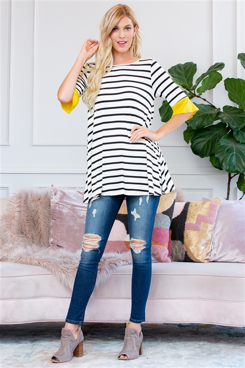 S10-20-3-T2708-YLW-1 - STRIPE SPANDEX RUFFLE SLEEVE TUNIC- YELLOW 2-2-2-0