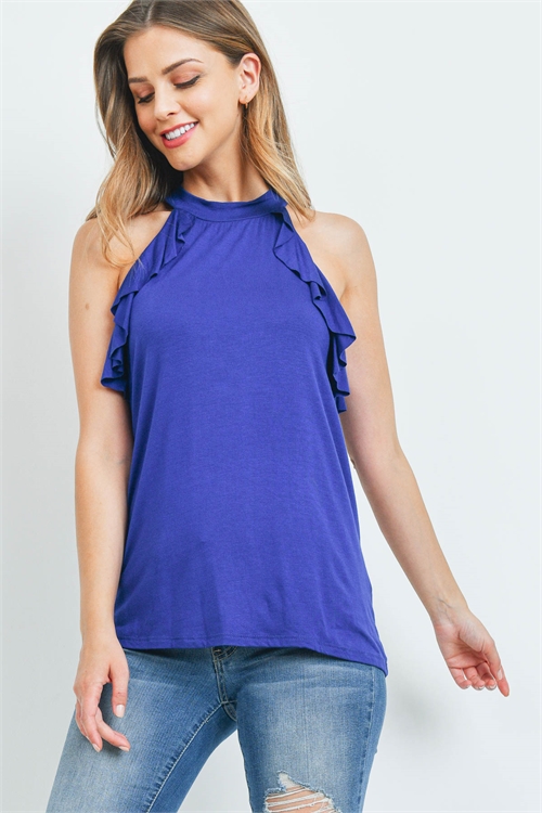 C2-A-T4617-RYL-A - SLEEVELESS HALTER NECK RUFFLE DETAIL TOP- ROYAL 1-3-0