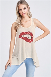 BO - T602G10293-KHK- VINTAGE STARS RED LIP KNIT TANK TOP- KHAKI 2-2-2