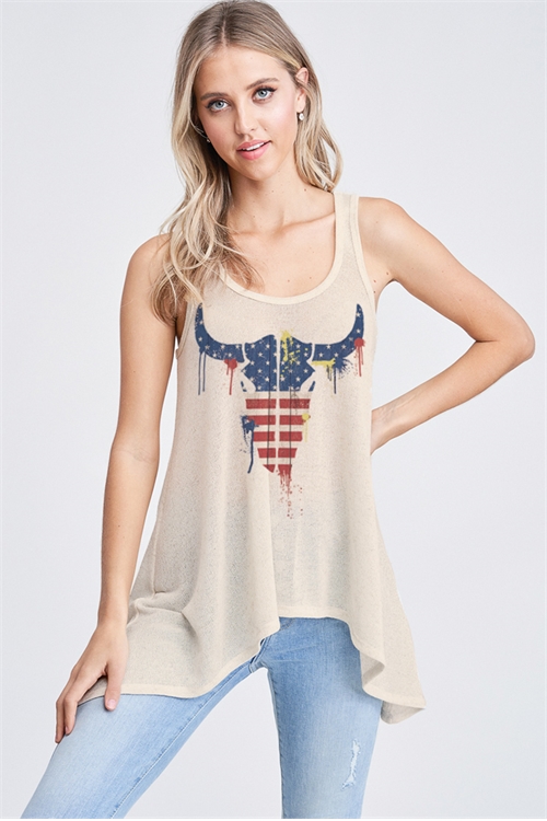 BO - T602G10349-KHK- AMERICAN FLAG BULL SKULL KNIT TANK TOP- KHAKI 2-2-2