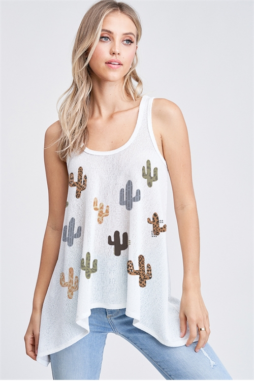 BO - T602G10370-IV- MULTI COLOR CACTUS ALL OVER KNIT TANK TOP- IVORY 2-2-2