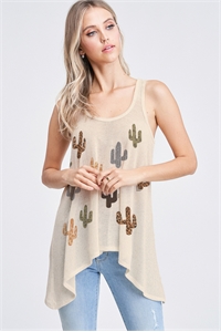 BO - T602G10370-KHK- MULTI COLOR CACTUS ALL OVER KNIT TANK TOP- KHAKI 2-2-2