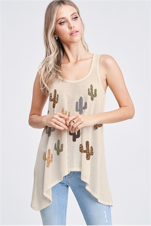 BO - T602G10370-KHK- MULTI COLOR CACTUS ALL OVER KNIT TANK TOP- KHAKI 2-2-2