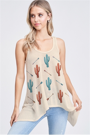 BO - T602G10377-KHK- CACTUS WITH ARROW KNIT TANK TOP- KHAKI 2-2-2