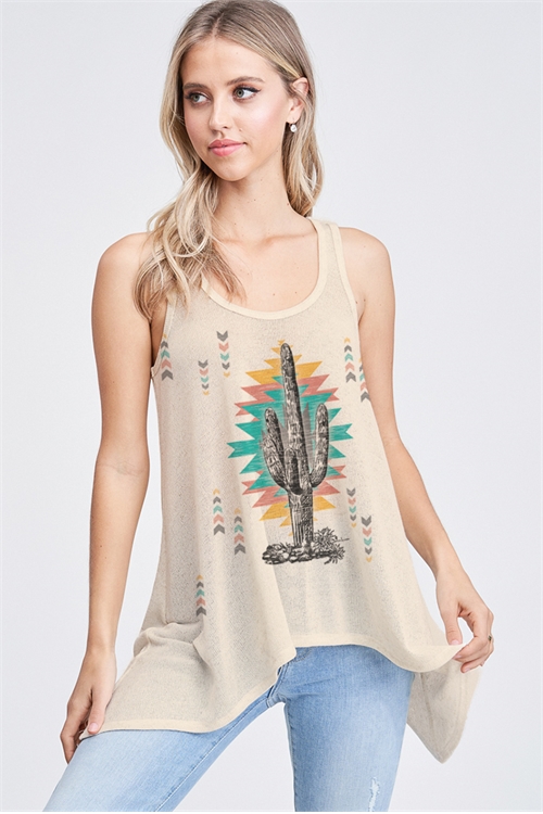 BO - T602K9472-KHK- CACTUS WITH AZTEC KNIT TANK TOP- KHAKI 2-2-2