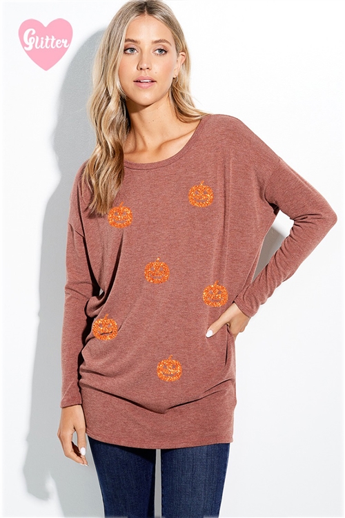 S36-1-1-T614SG12891-RU - HALLOWEEN GLITTER DOLMAN LONG SLEEVE TUNIC TOP- RUST -2-2-2