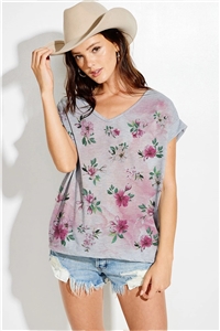 S36-1-1-T649G12736-HGY - FLORAL PRINT V NECK SHORT SLEEVE TOP- HEATHER GREY -2-2-2