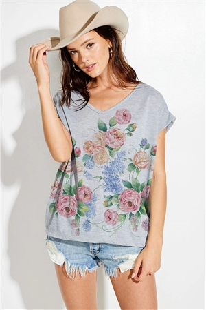 S36-1-1-T649G12738-HGY - FLORAL PRINT V NECK SHORT SLEEVE TOP- HEATHER GREY -2-2-2
