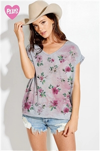 S36-1-1-T649PG12736-HGY - PLUS SIZE FLORAL PRINT V NECK SHORT SLEEVE TOP- HEATHER GREY -2-2-2